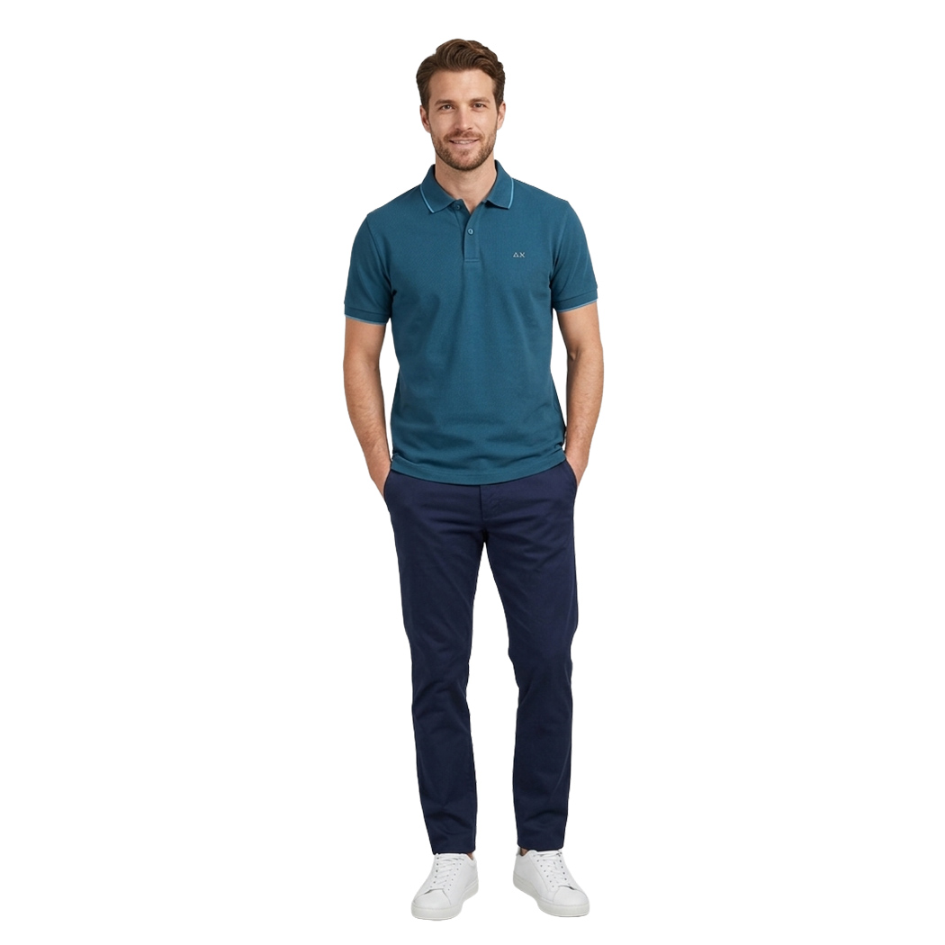 SUN68 POLO T-SHIRT UOMO PIQUET COTONE LOGO RICAMATO DETTAGLI A CONTRASTO A36111