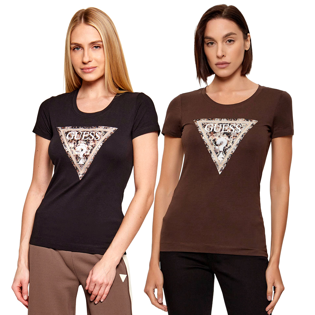 GUESS T-SHIRT MAGLIA SLIM MAGLIETTA DONNA LOGO TRIANGOLARE STRASS W6RI32J1314
