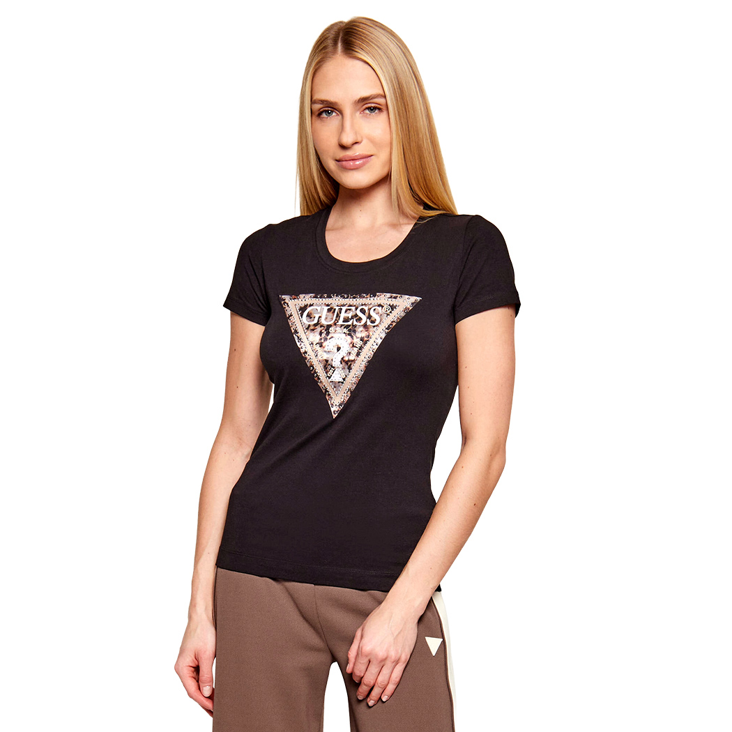 GUESS T-SHIRT MAGLIA SLIM MAGLIETTA DONNA LOGO TRIANGOLARE STRASS W6RI32J1314
