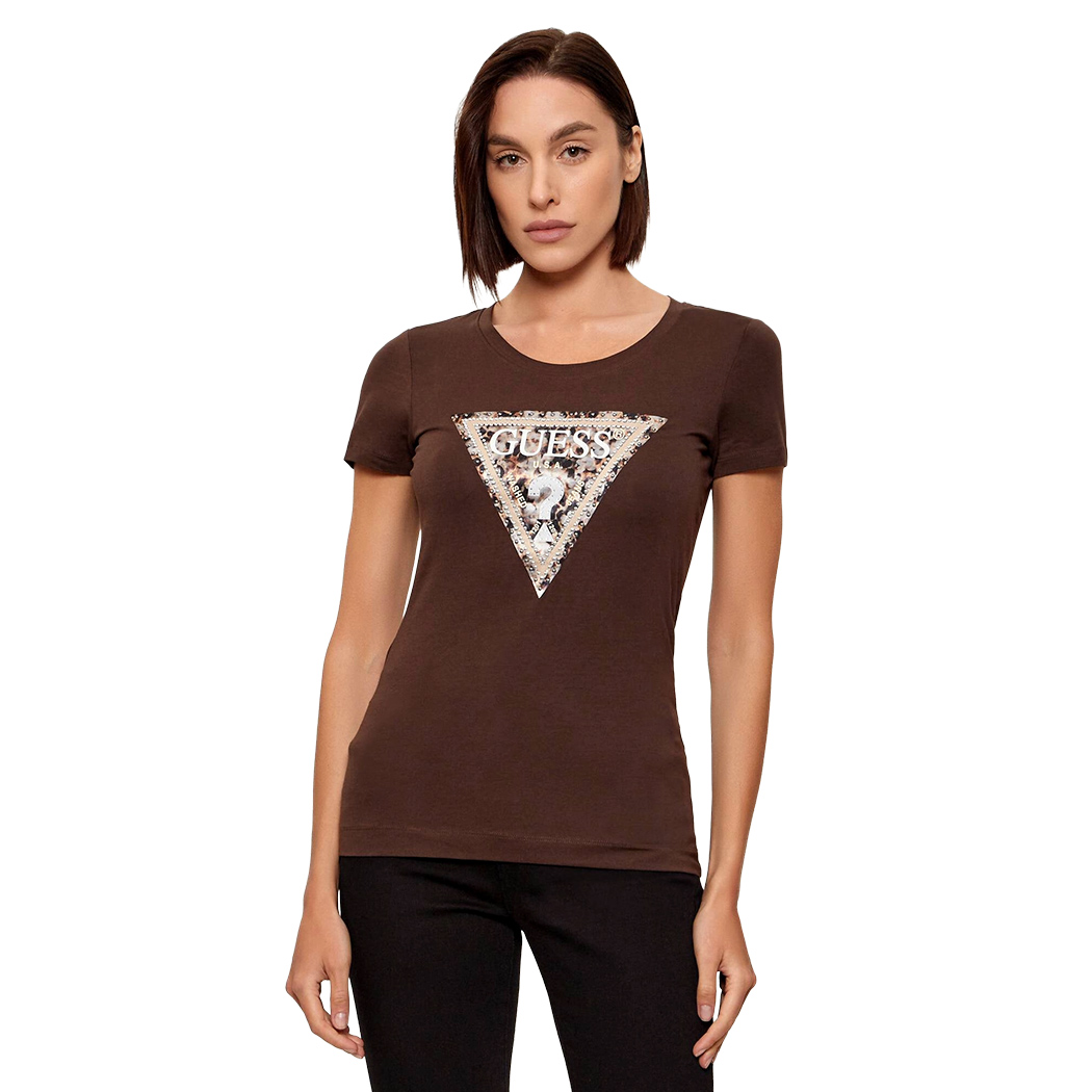 GUESS T-SHIRT MAGLIA SLIM MAGLIETTA DONNA LOGO TRIANGOLARE STRASS W6RI32J1314