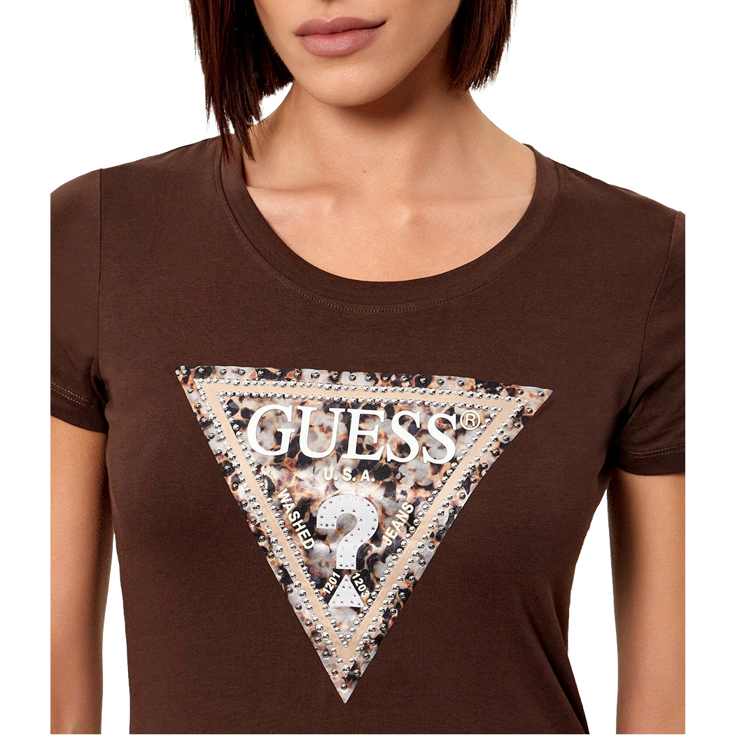 GUESS T-SHIRT MAGLIA SLIM MAGLIETTA DONNA LOGO TRIANGOLARE STRASS W6RI32J1314