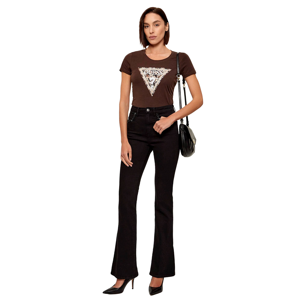 GUESS T-SHIRT MAGLIA SLIM MAGLIETTA DONNA LOGO TRIANGOLARE STRASS W6RI32J1314
