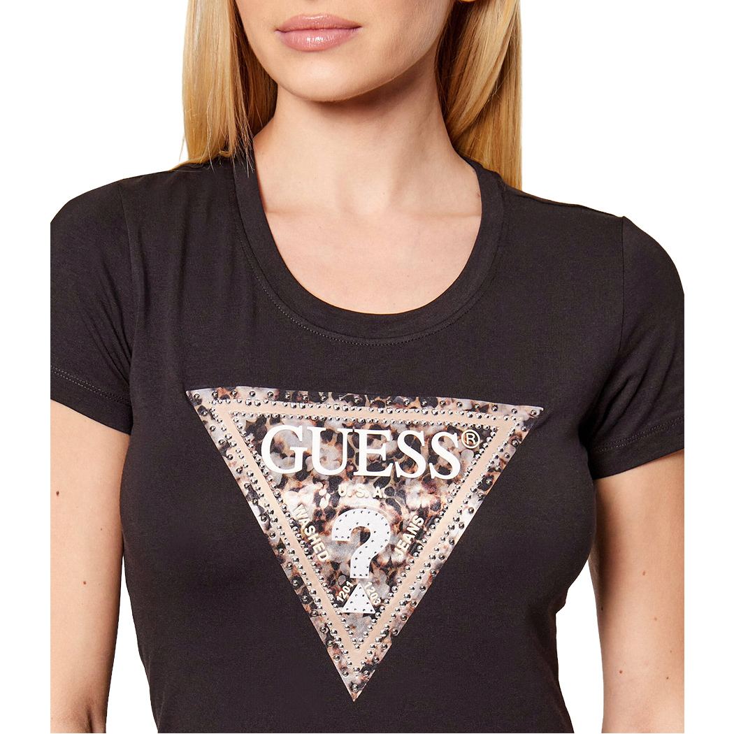 GUESS T-SHIRT MAGLIA SLIM MAGLIETTA DONNA LOGO TRIANGOLARE STRASS W6RI32J1314