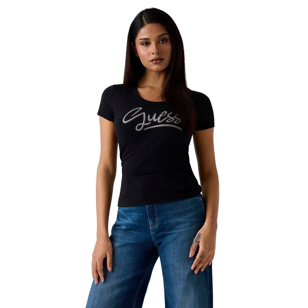 GUESS T-SHIRT MAGLIA SLIM MAGLIETTA DONNA LOGO BRILLANTINI STRASS W6RI24J1314