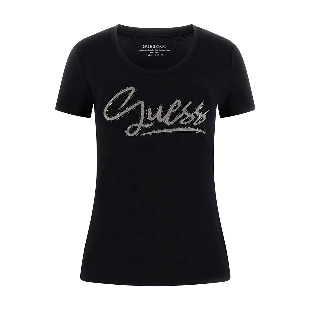 GUESS T-SHIRT MAGLIA SLIM MAGLIETTA DONNA LOGO BRILLANTINI STRASS W6RI24J1314