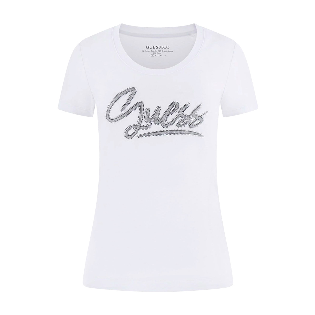GUESS T-SHIRT MAGLIA SLIM MAGLIETTA DONNA LOGO BRILLANTINI STRASS W6RI24J1314