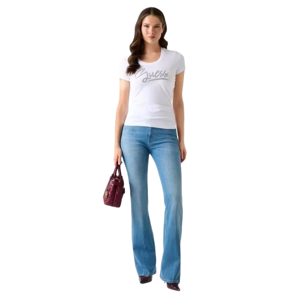 GUESS T-SHIRT MAGLIA SLIM MAGLIETTA DONNA LOGO BRILLANTINI STRASS W6RI24J1314