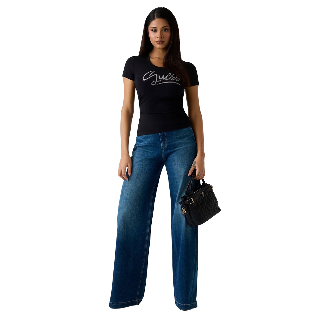 GUESS T-SHIRT MAGLIA SLIM MAGLIETTA DONNA LOGO BRILLANTINI STRASS W6RI24J1314