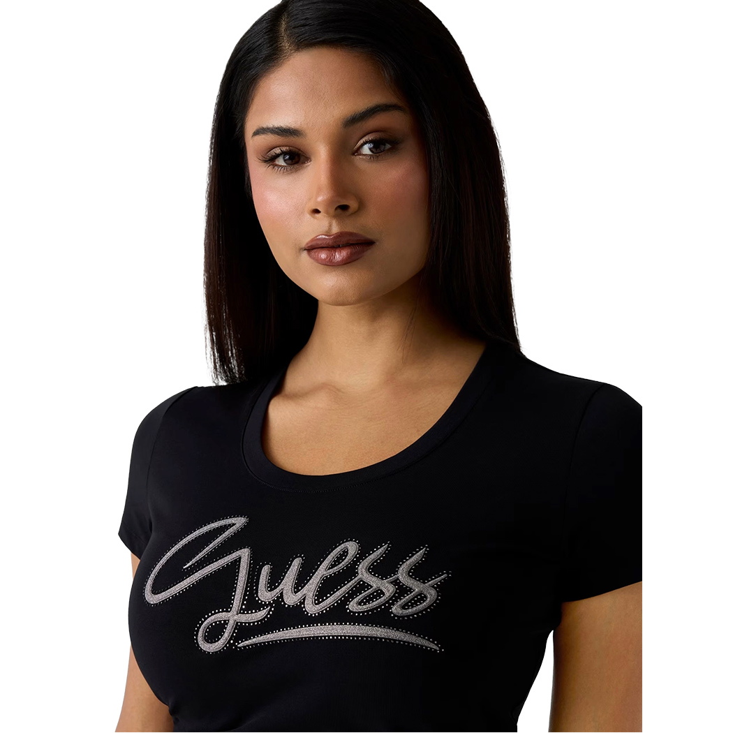 GUESS T-SHIRT MAGLIA SLIM MAGLIETTA DONNA LOGO BRILLANTINI STRASS W6RI24J1314
