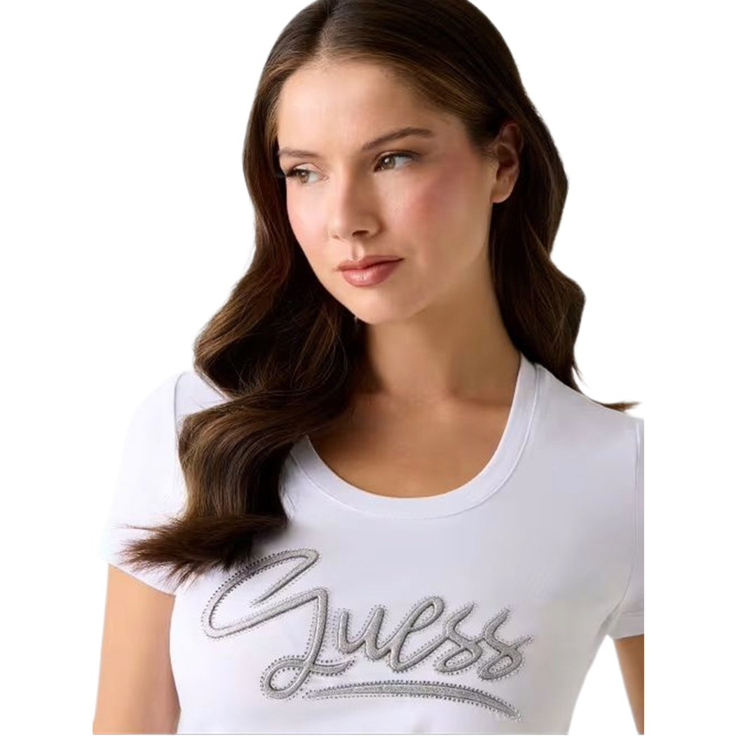 GUESS T-SHIRT MAGLIA SLIM MAGLIETTA DONNA LOGO BRILLANTINI STRASS W6RI24J1314