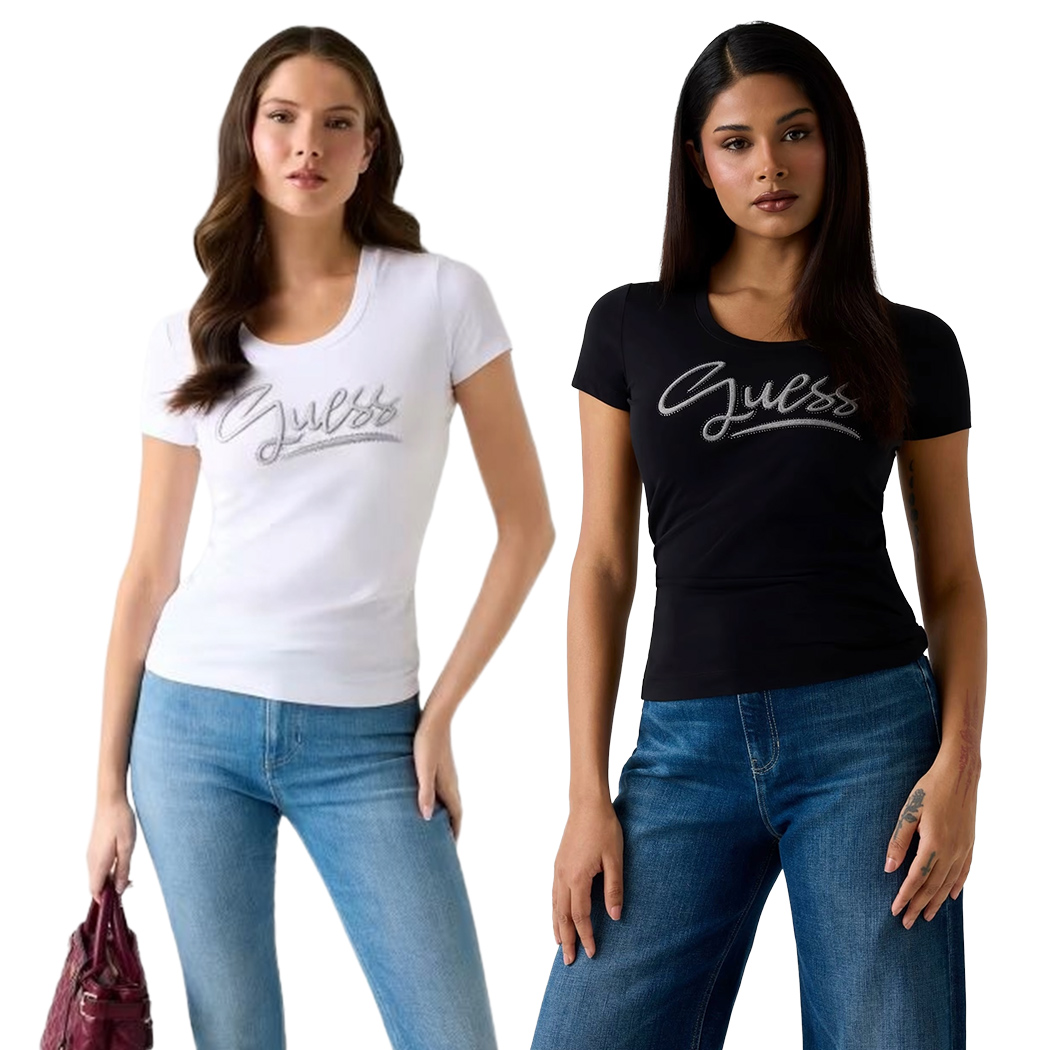 GUESS T-SHIRT MAGLIA SLIM MAGLIETTA DONNA LOGO BRILLANTINI STRASS W6RI24J1314
