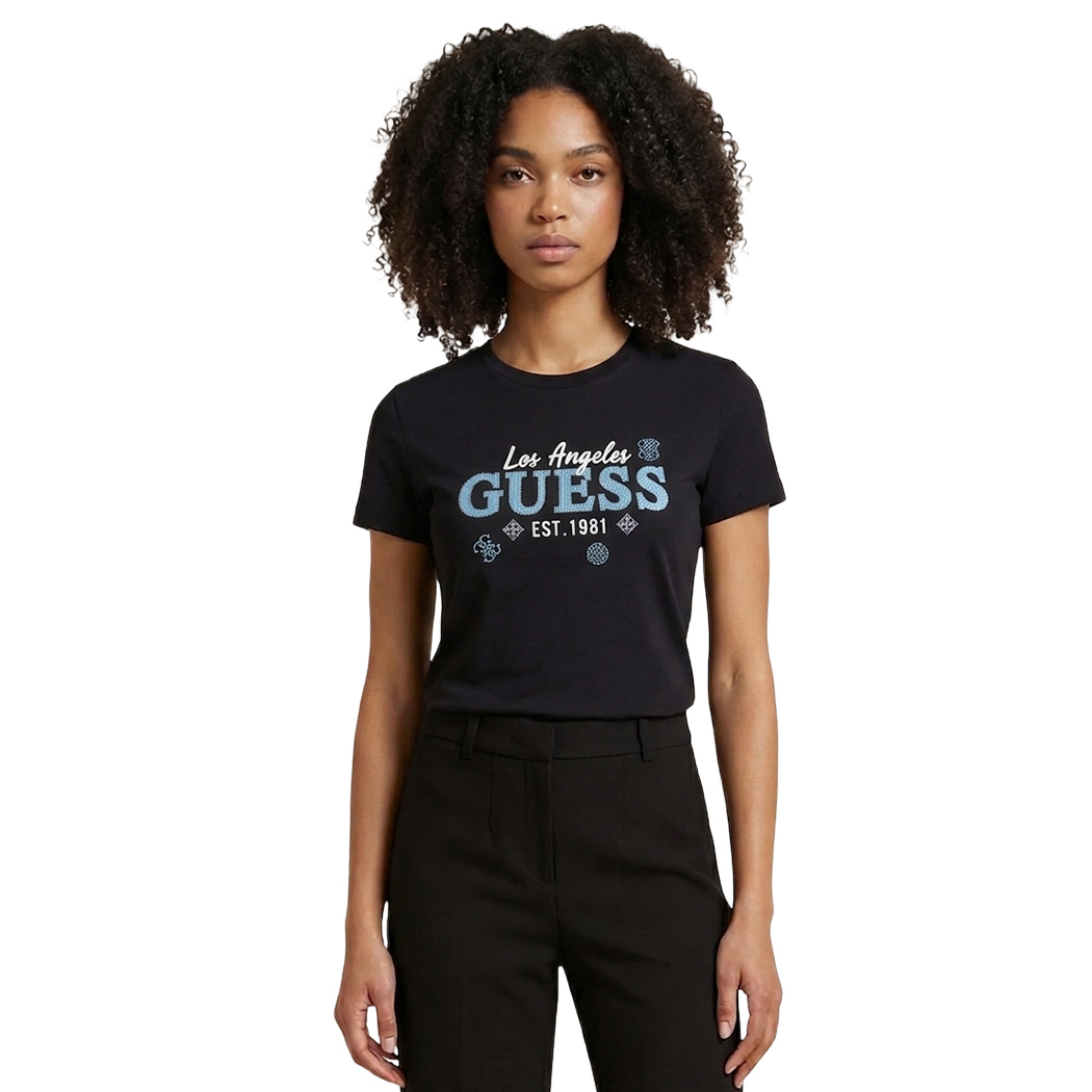 GUESS T-SHIRT MAGLIA MAGLIETTA DONNA STAMPA LOGO FRONTALE BOXY CORTA V6GI02K2963