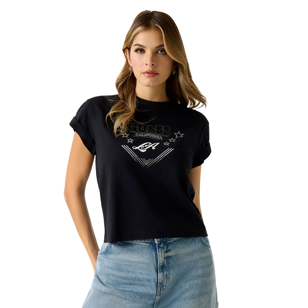 GUESS T-SHIRT STRASS MAGLIA MAGLIETTA DONNA STAMPA LOGO BOXY CORTA W6RI30I3Z14