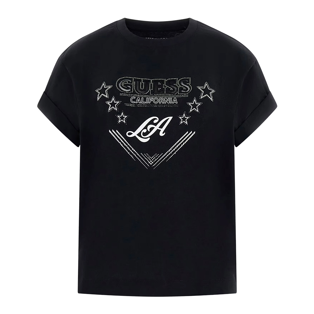GUESS T-SHIRT STRASS MAGLIA MAGLIETTA DONNA STAMPA LOGO BOXY CORTA W6RI30I3Z14