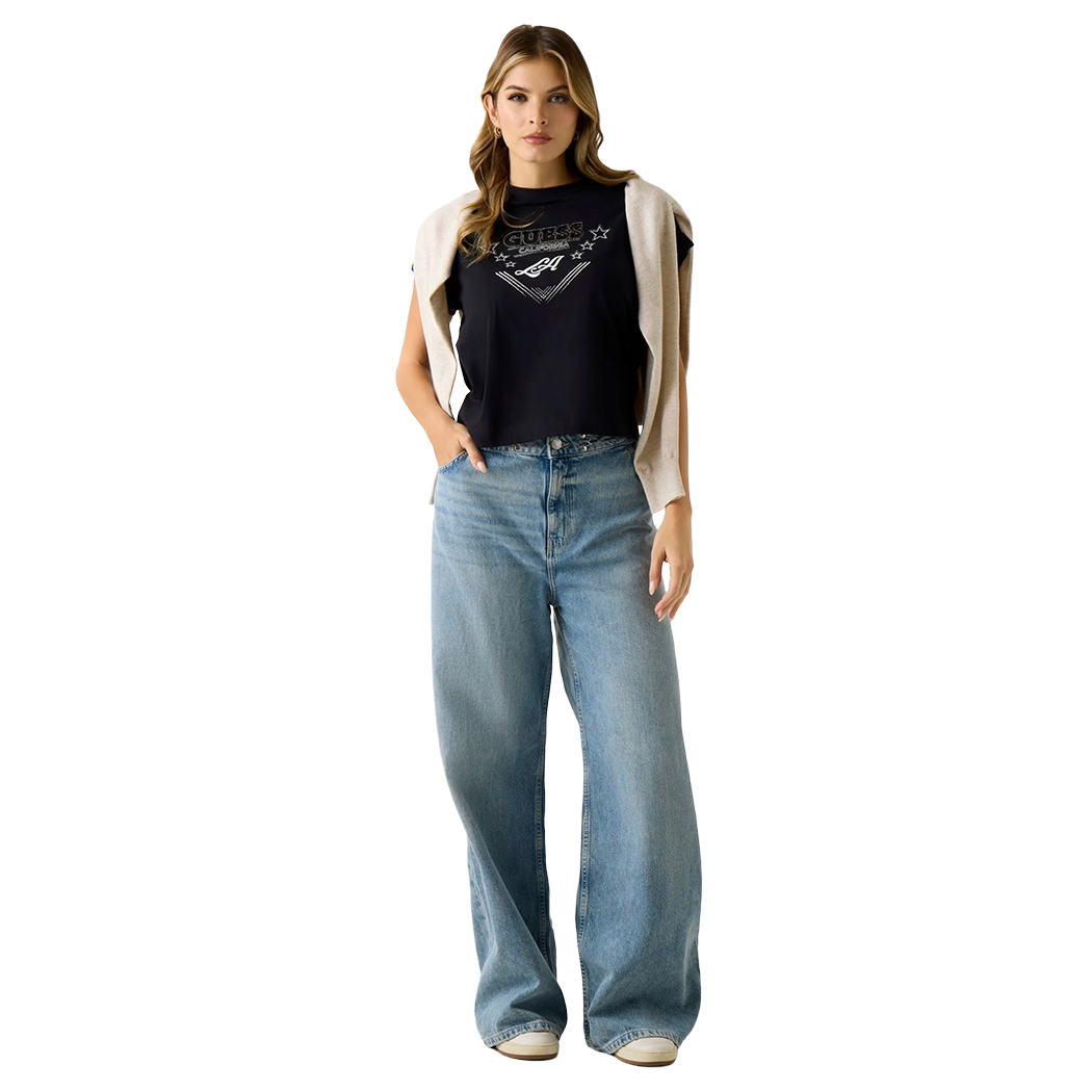 GUESS T-SHIRT STRASS MAGLIA MAGLIETTA DONNA STAMPA LOGO BOXY CORTA W6RI30I3Z14