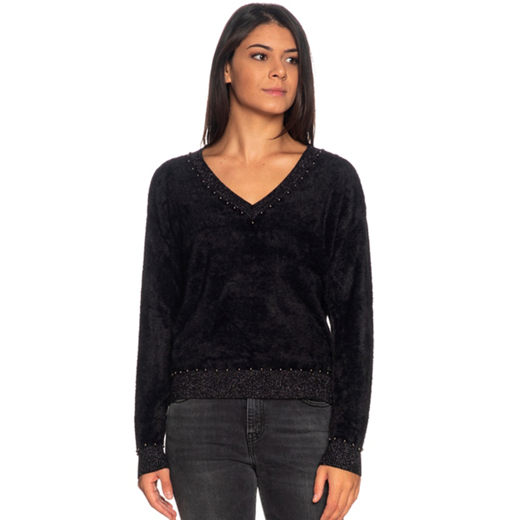 MAGLIA DONNA COLLO A V SWEATER T-SHIRT MAGLIONE PROFILO LUREX