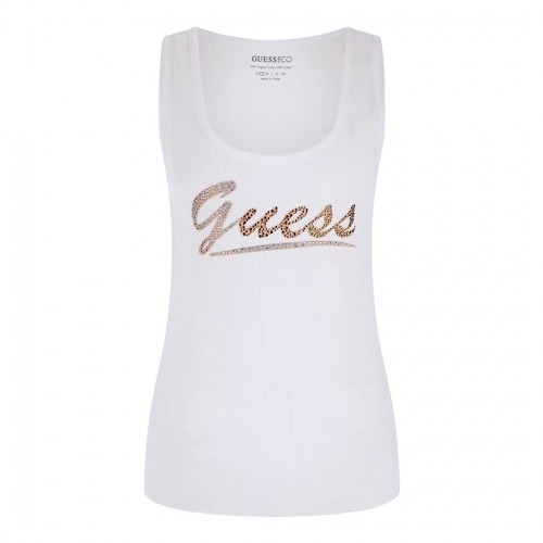 GUESS CANOTTA DONNA LOGO FRONTALE STRASS MAGLIA TOP COSTE T-SHIRT W4GP16K1814