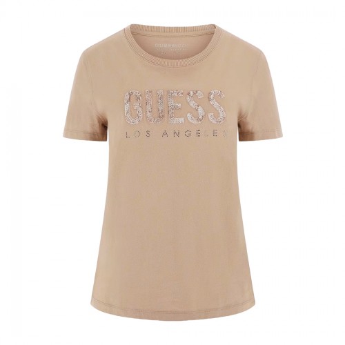 GUESS T-SHIRT MAGLIA MAGLIETTA DONNA LOGO FRONTALE PAILLETTES STRASS W5RI19I3Z14