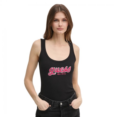 GUESS CANOTTA TOP DONNA RAGAZZA LOGO PAILLETTES MAGLIA COSTE T-SHIRT W5RP03KA0H1