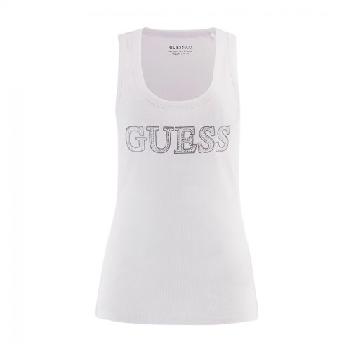 GUESS CANOTTA DONNA LOGO FRONTALE STRASS MAGLIA TOP COSTE T-SHIRT W5GP29KA0H1